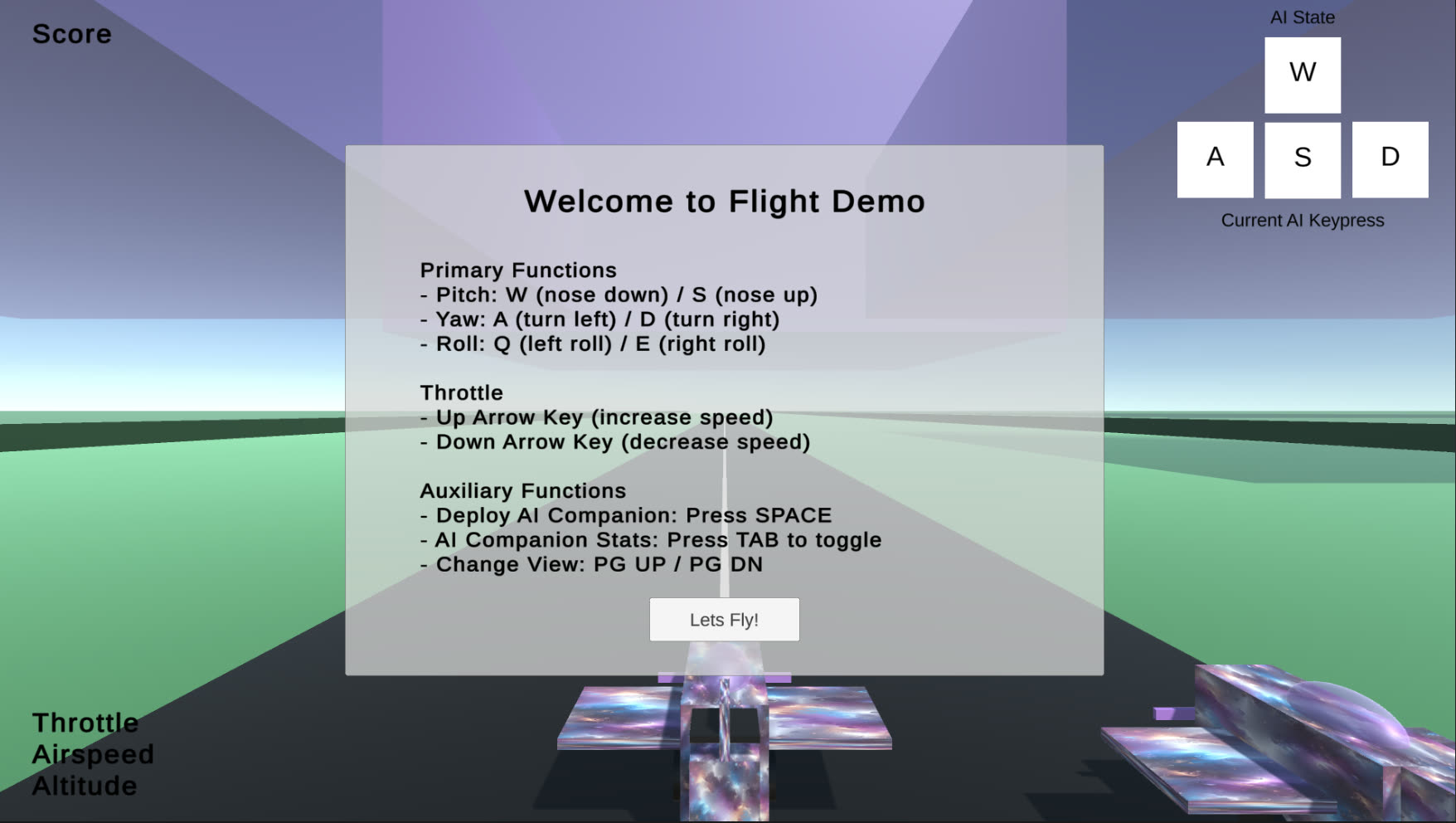 Flight Simulator - the start screen, with AI-companion controls