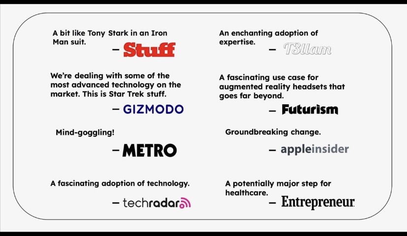 A card of press quotes about the platform from Stuff, Gizmodo, Metro, TechRadar, T3, Futurism, AppleInsider and Entrepreneur