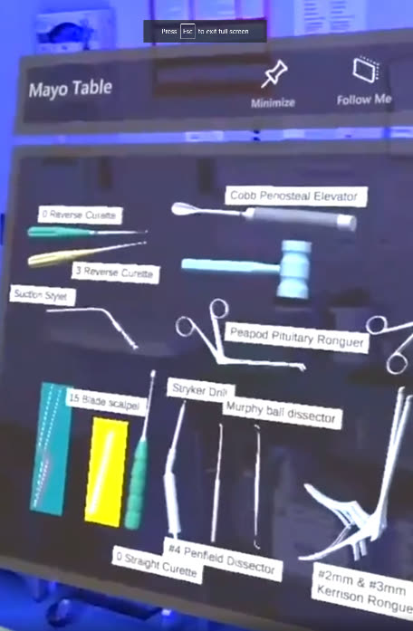 Headset view labeling each instrument on a surgical tray
