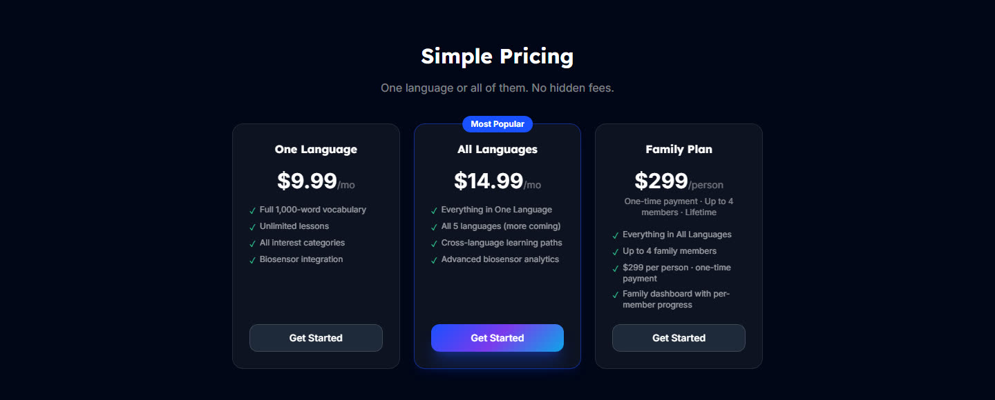 Three Gabb pricing tiers: One Language, All Languages, Family Plan