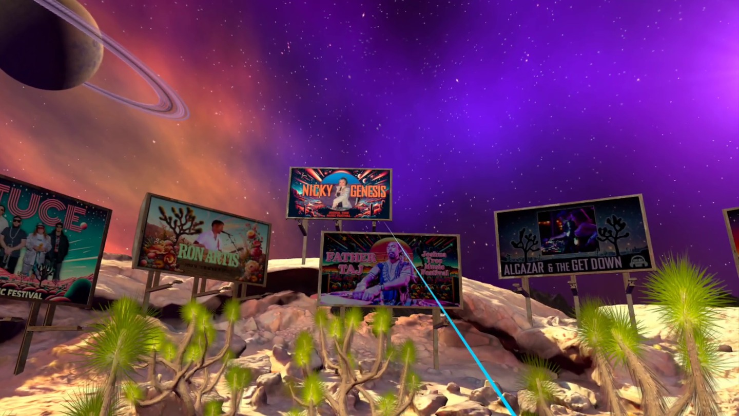 Billboards for each artist standing in a psychedelic Joshua Tree desert under a planet-filled sky