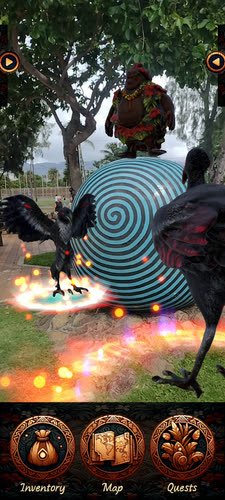 AR birds and a guardian figure composited into a park scene