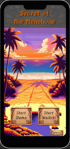 Secret of the Menehune title screen over a pixel-art Waikiki sunset