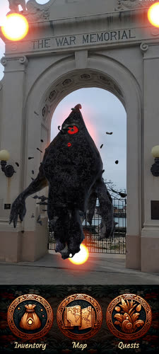 An AR creature standing in the arch of the Natatorium war memorial