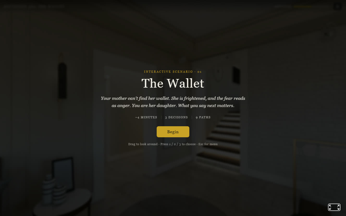 The RehearsalXR browser demo showing the title card for a scenario called The Wallet